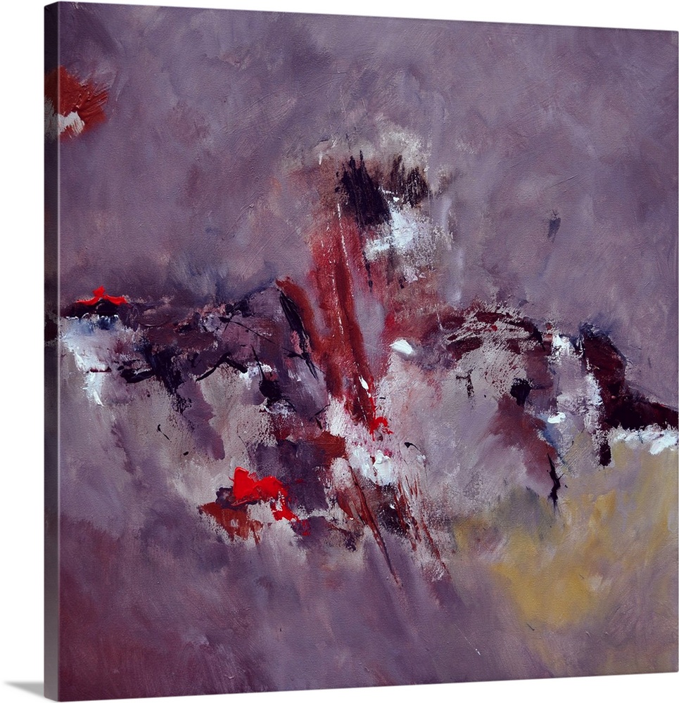 A square abstract painting in darker shades of purple, red, white and yellow with splatters of paint overlapping.