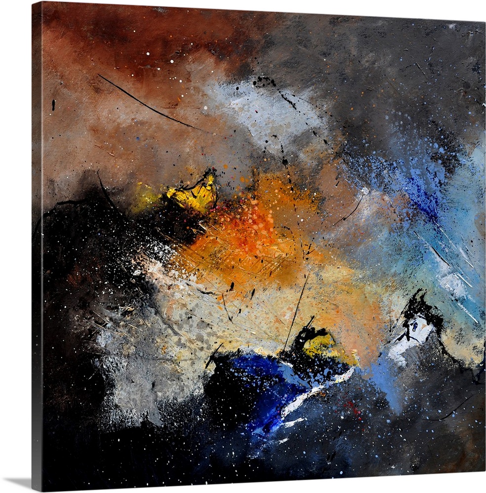 A square abstract painting in dark shades of black, blue, brown and orange with splatters of paint overlapping.