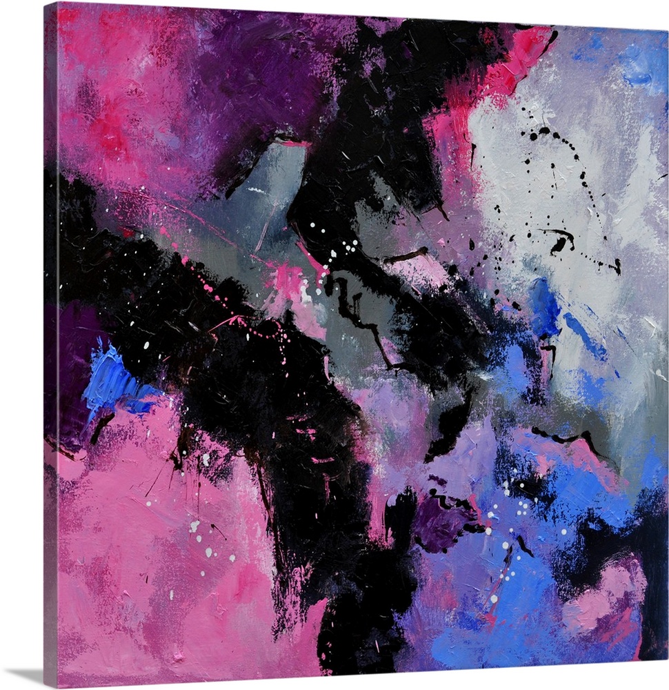 A square abstract painting in dark shades of black, purple and pink with splatters of paint overlapping.