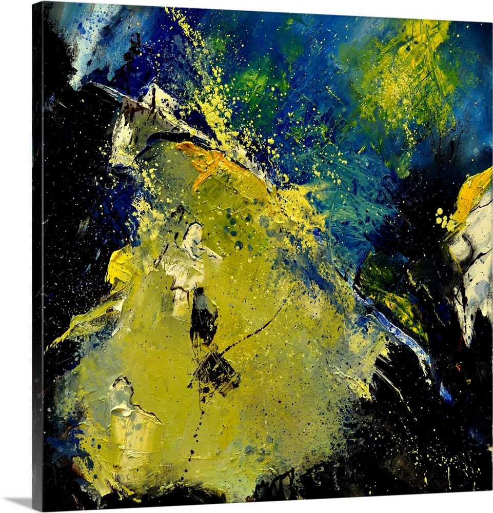 A square abstract painting in textured shades of black, blue and yellow with splatters of paint overlapping.