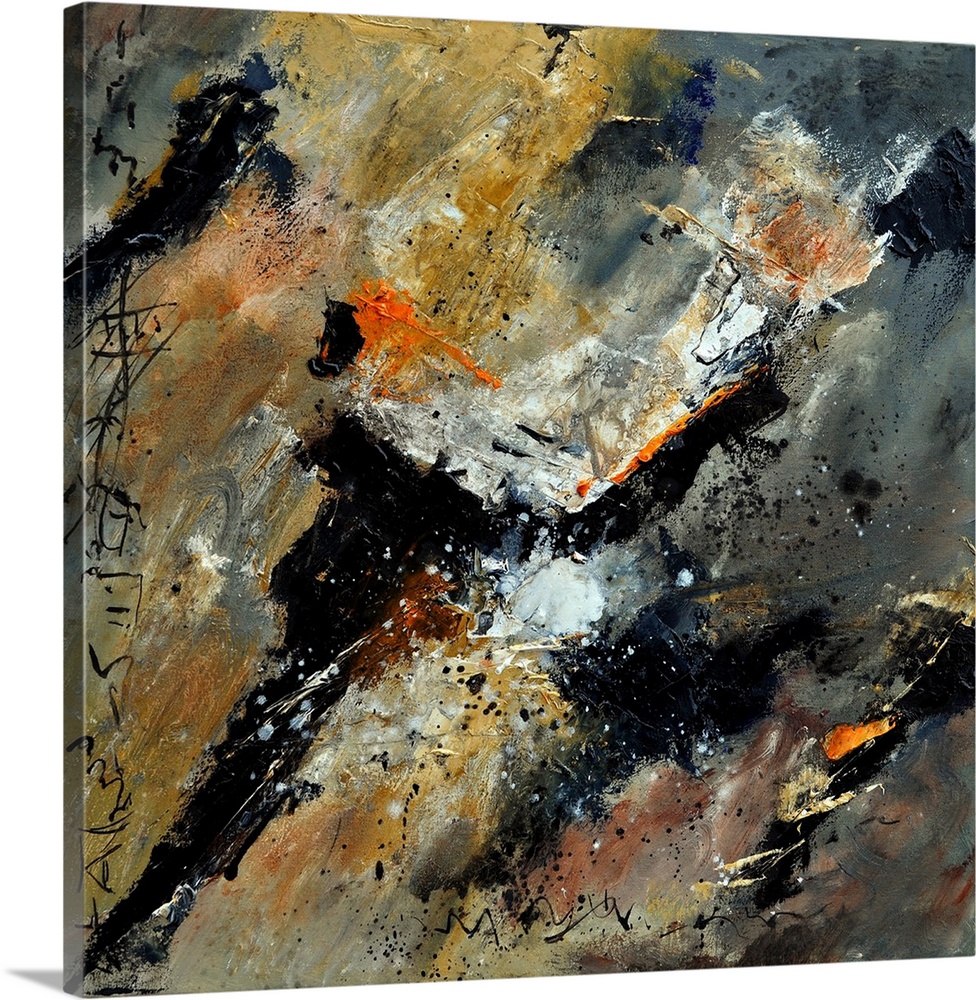 A square abstract painting in dark shades of black, orange, white and brown with splatters of paint overlapping.