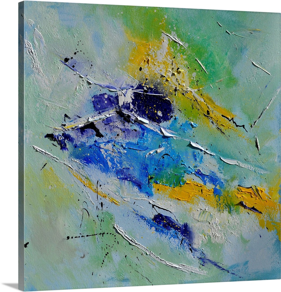 A squarel abstract painting in textured shades of green, blue and yellow with splatters of paint overlapping.