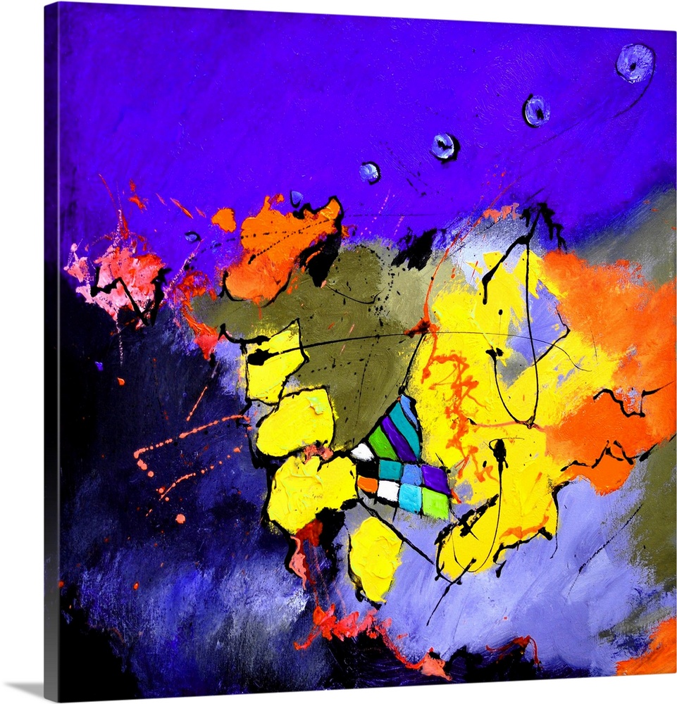A square abstract painting in vibrant shades of purple, orange and yellow with splatters of paint overlapping.