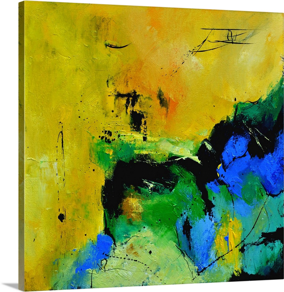 A square abstract painting in shades of green, blue, white and yellow with splatters of paint overlapping.