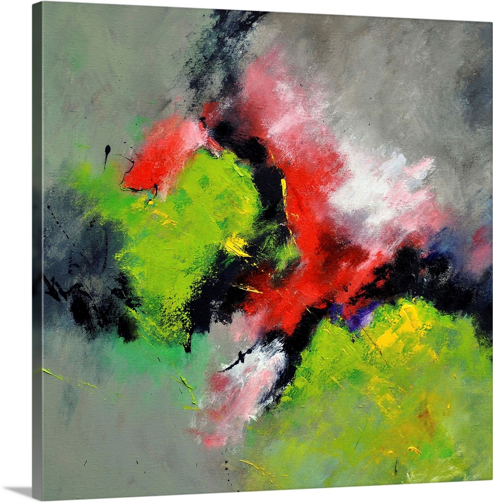 A square abstract painting with deep textured colors of green and red.