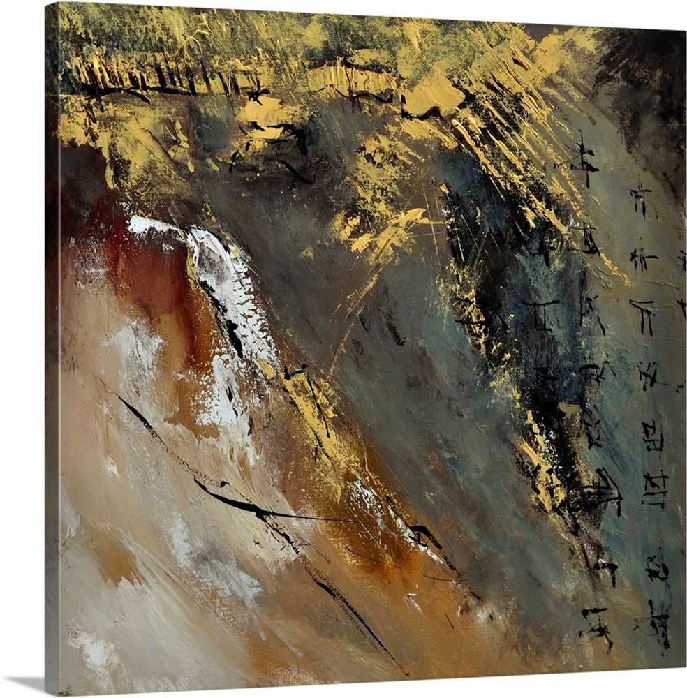 A square abstract painting in dark shades of black, brown, white and yellow with splatters of paint overlapping.