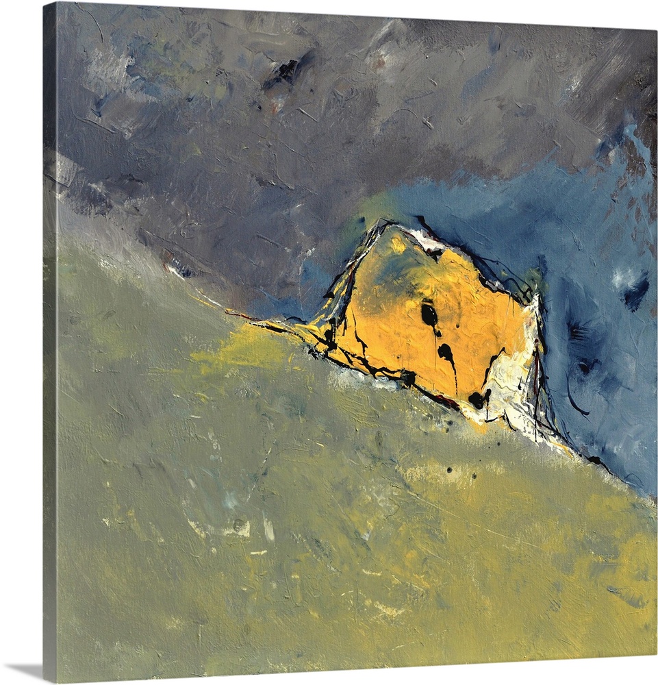 A contemporary abstract painting of green and blue with a square yellow shape in the center.