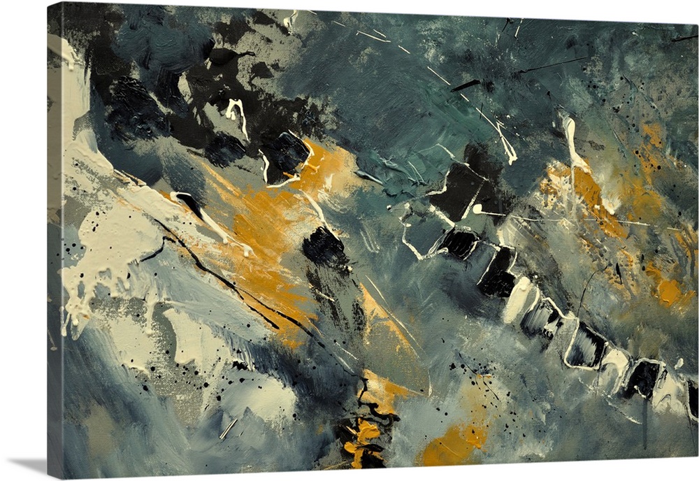 Abstract painting with muted hues in shades of yellow, gray and white mixed in with black contrasting designs.