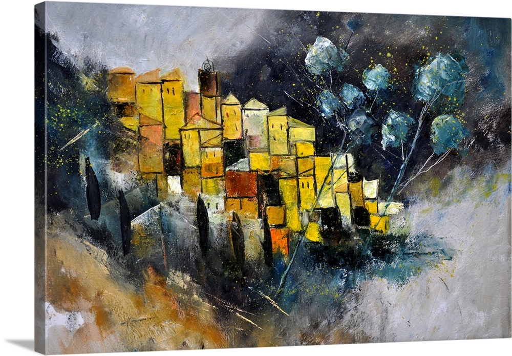 Abstract painting made in shades of brown, yellow, black and white with a small hint of orange, representing a village.