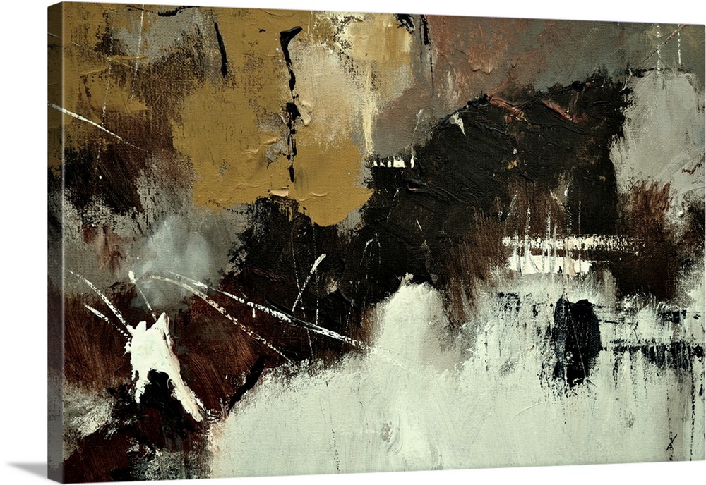 Abstract painting in shades of brown, gray and white mixed in with black contrasting designs.