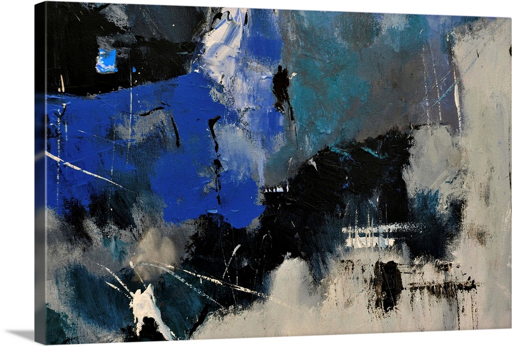 Abstract painting in shades of  blue, gray and white mixed in with black contrasting designs.