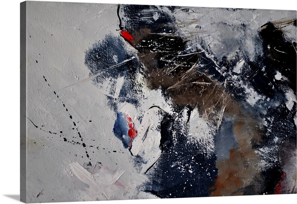 An abstract painting in textured shades of black, brown, red and white with splatters of paint overlapping.