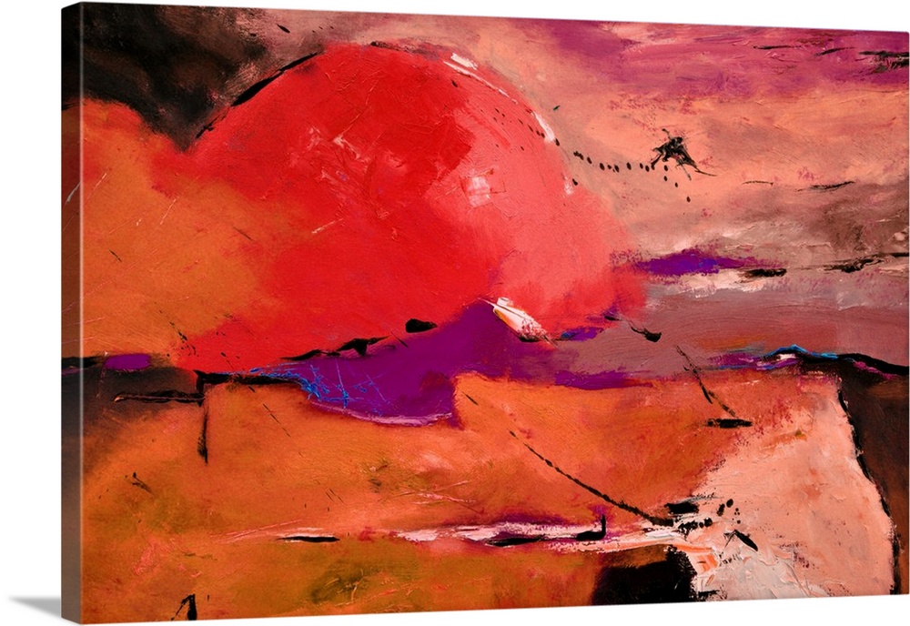 Abstract painting in shades of red with black accents and splatters of paint overlapping.
