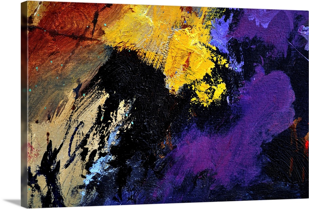 Abstract painting with vibrant hues in shades of yellow, blue, purple, and brown mixed in with black contrasting designs.