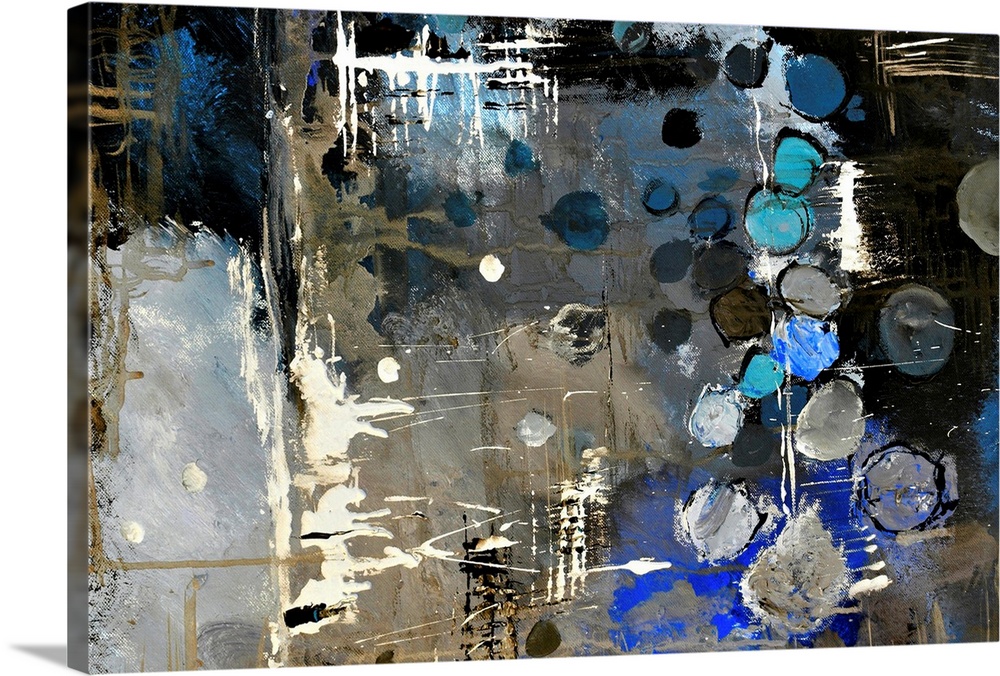 Abstract painting of colors of blue, white and black in bold brush strokes and splattered paint.