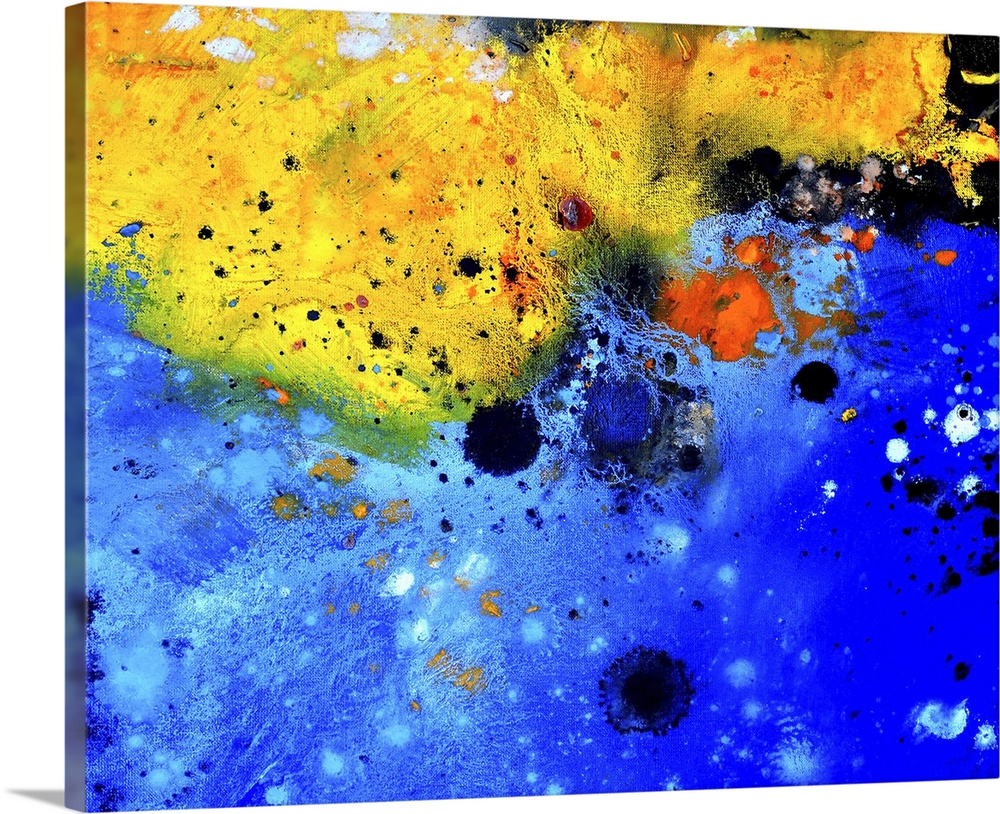 Abstract painting of colors of blue, black and yellow with hints of red in textured brush strokes and splattered paint.