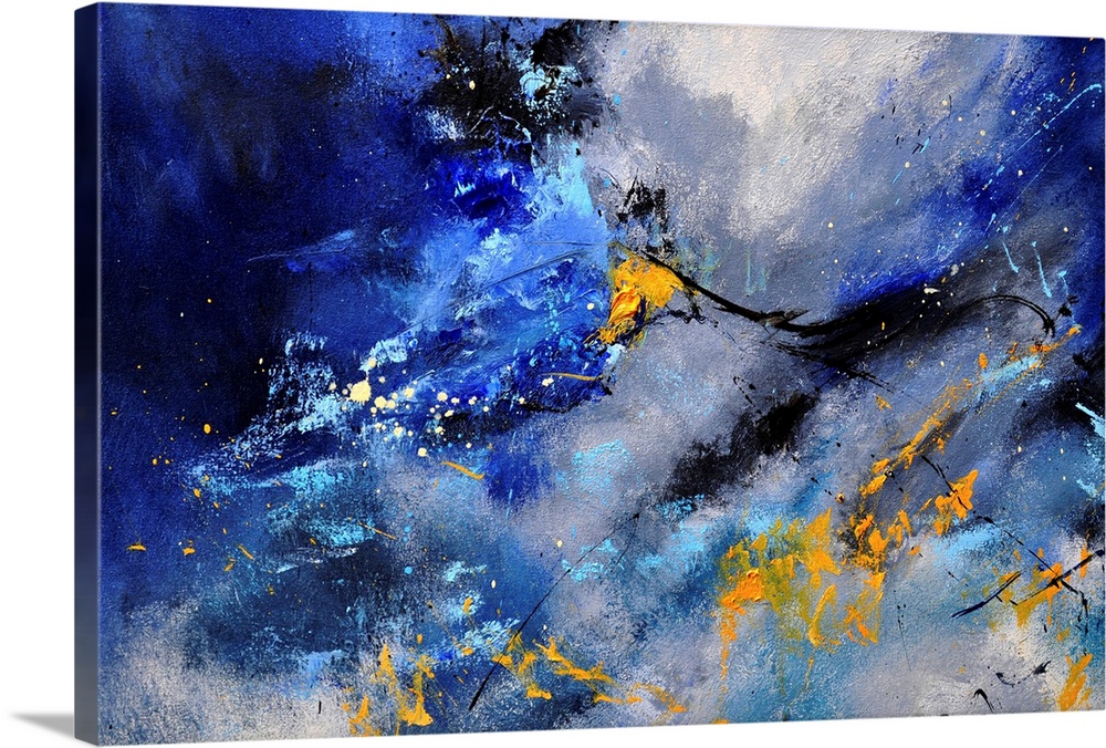 Abstract painting in shades of orange, blue, gray and white mixed in with black contrasting designs.