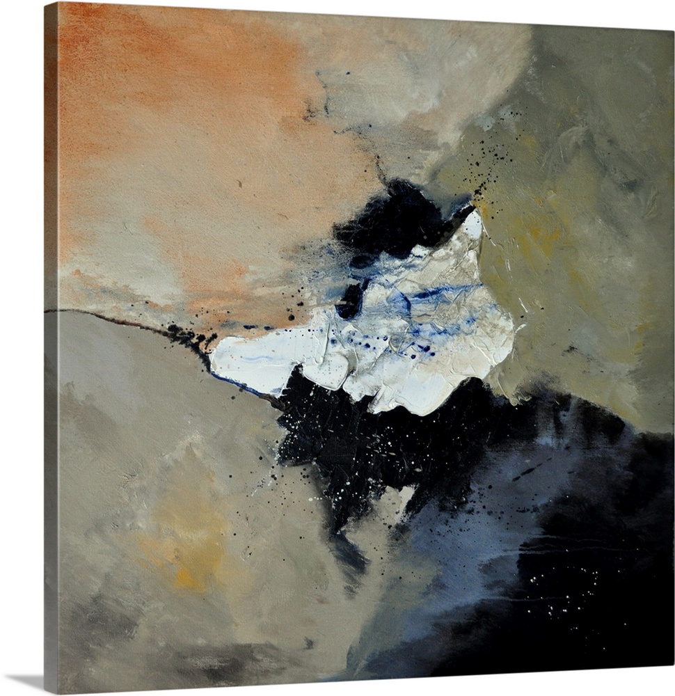 A square abstract painting in dark colors of black, orange, white and gray with splatters of paint overlapping.