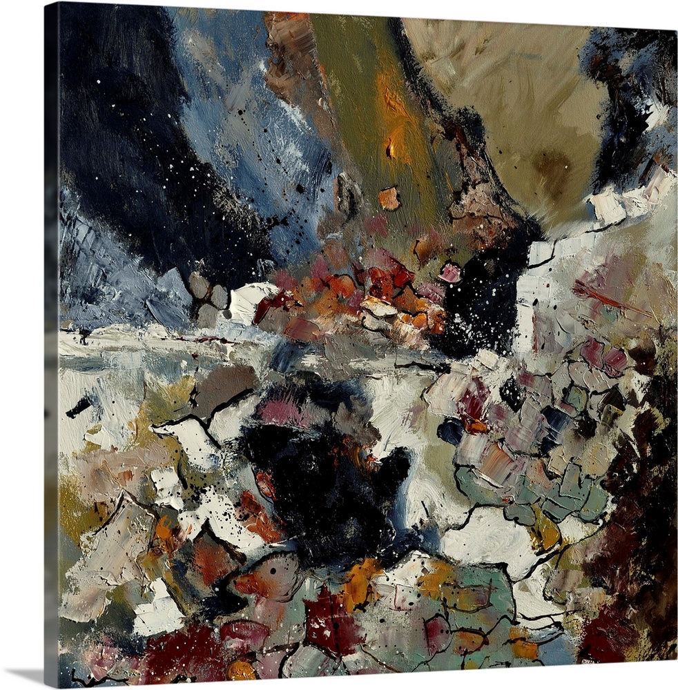A square abstract painting in dark shades of black, brown, white and gray with splatters of paint overlapping.