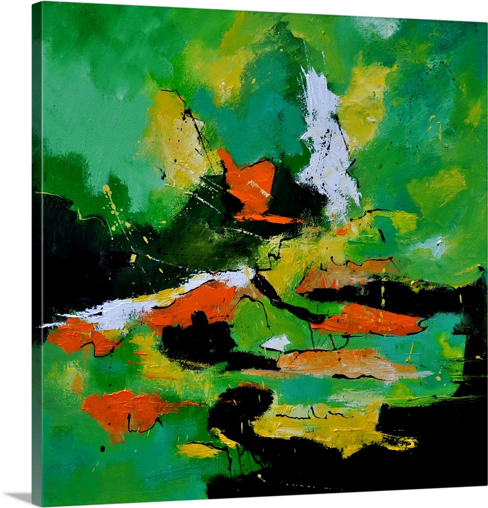 A square abstract painting in textured shades of green, orange and black with splatters of paint overlapping.