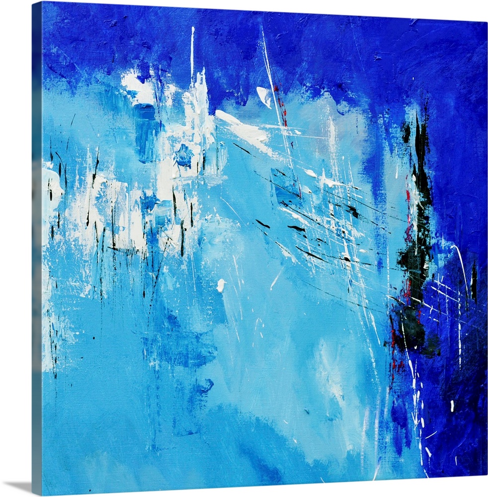 A square abstract painting in shades of white and blue with splatters of paint overlapping.