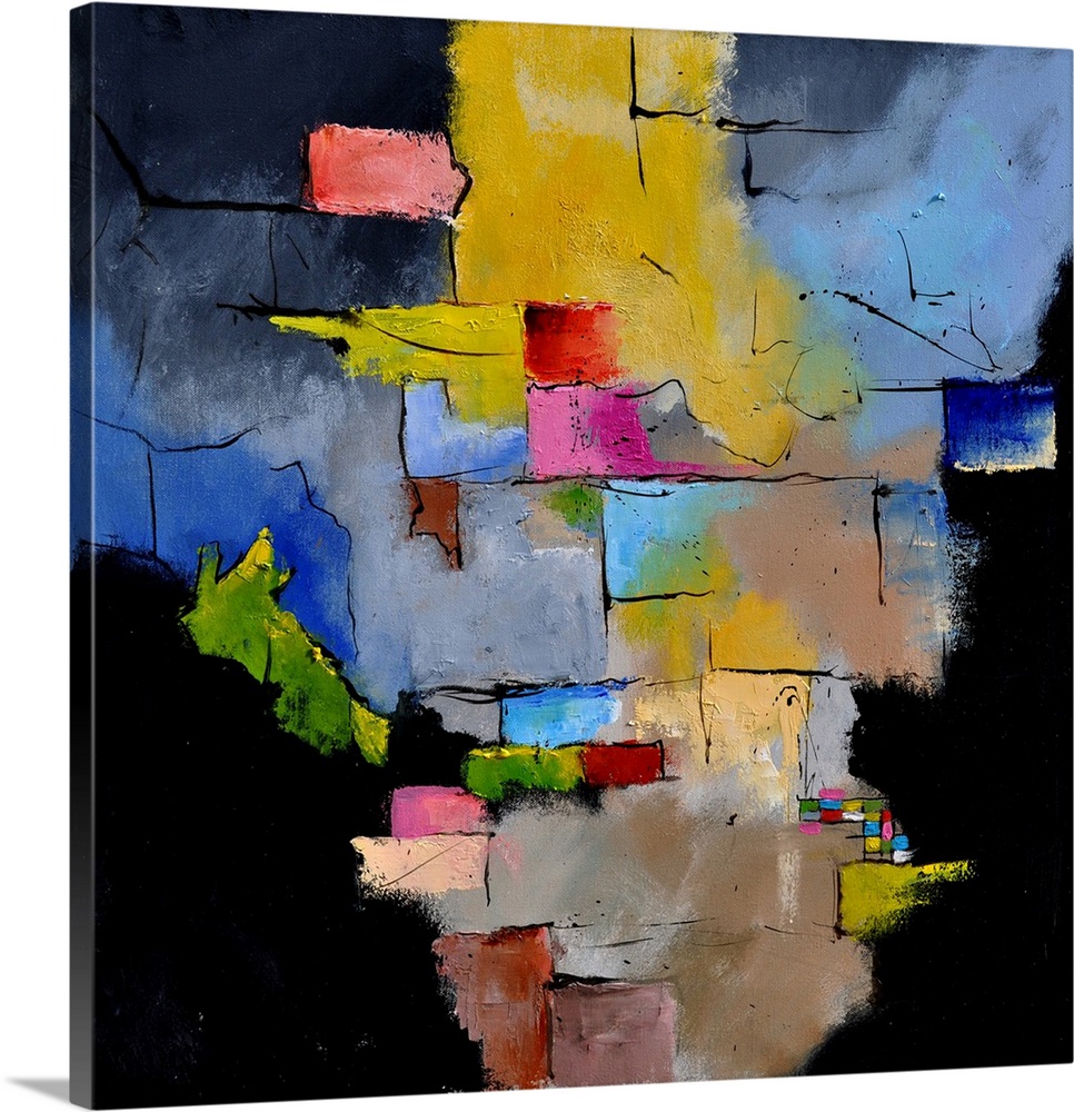 Abstract painting in shades of blue, yellow, brown and red mixed in with black contrasting designs.