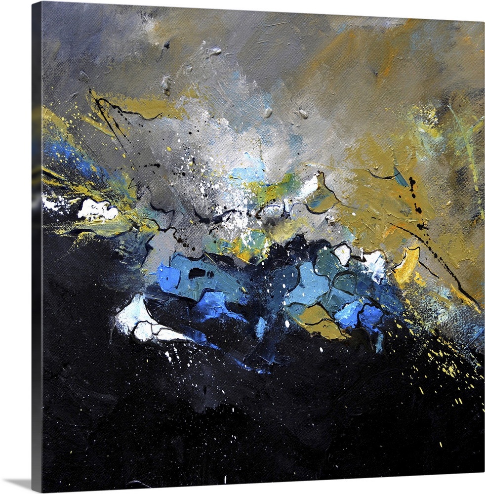 A square abstract painting in textured shades of black, blue, brown and yellow with splatters of paint overlapping.