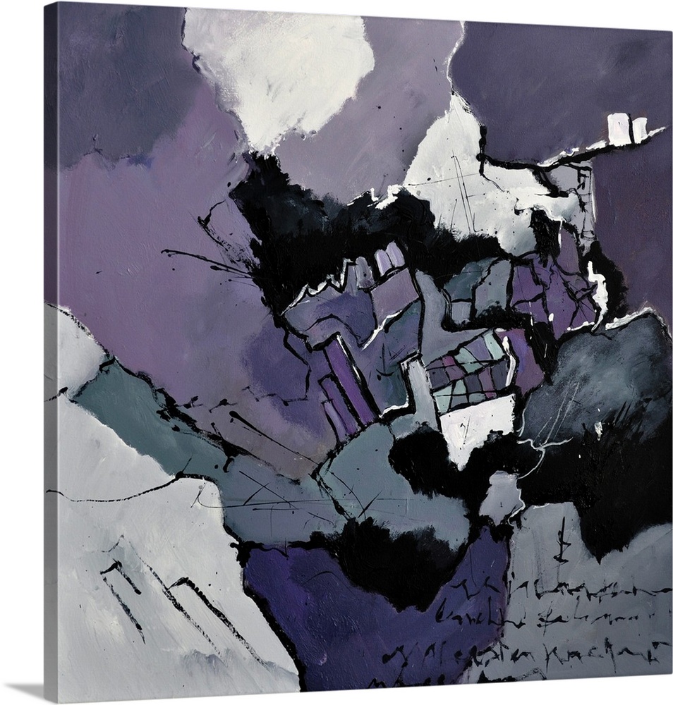 A square abstract painting in textured shades of purple, black and gray with splatters of paint overlapping.