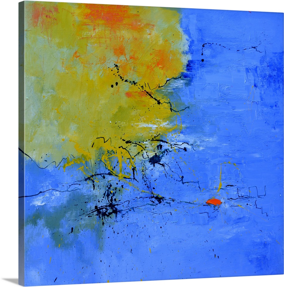 A square abstract painting in textured shades of orange, blue and yellow with splatters of paint overlapping.