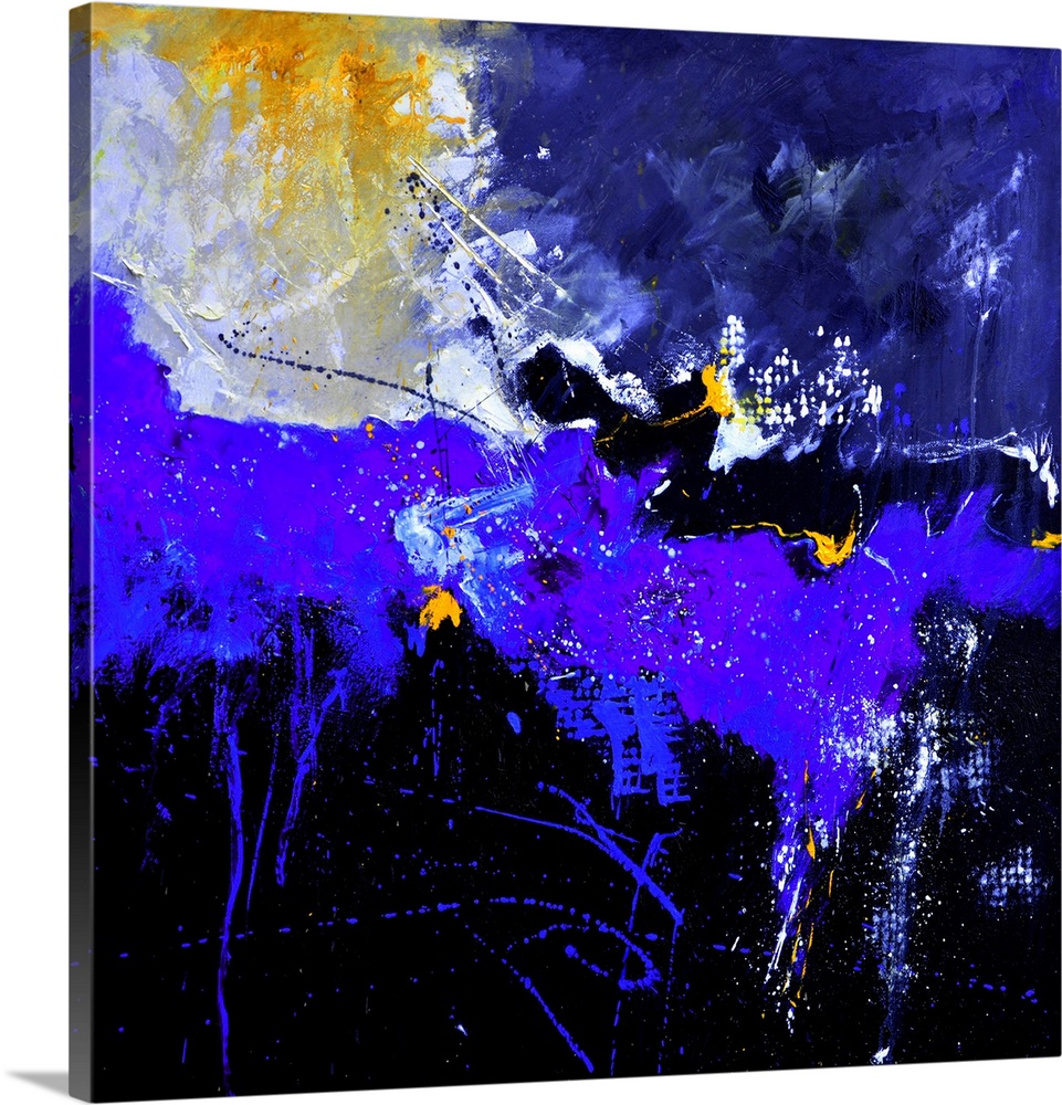 A square abstract painting in textured shades of blue, purple and yellow with splatters of paint overlapping.