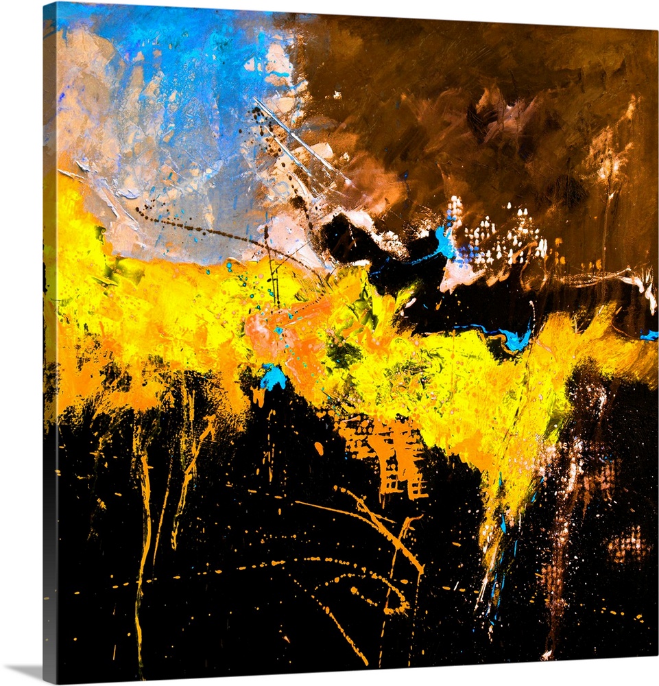 A square abstract painting in textured shades of orange, blue, brown and yellow with splatters of paint overlapping.