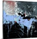 image thumbnail of A square abstract painting in textured shades of black, blue and gray with splatters of paint overlapping.