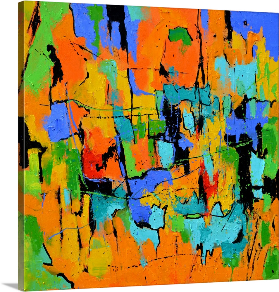 A square abstract painting in textured shades of orange, blue, green and yellow with splatters of paint overlapping.