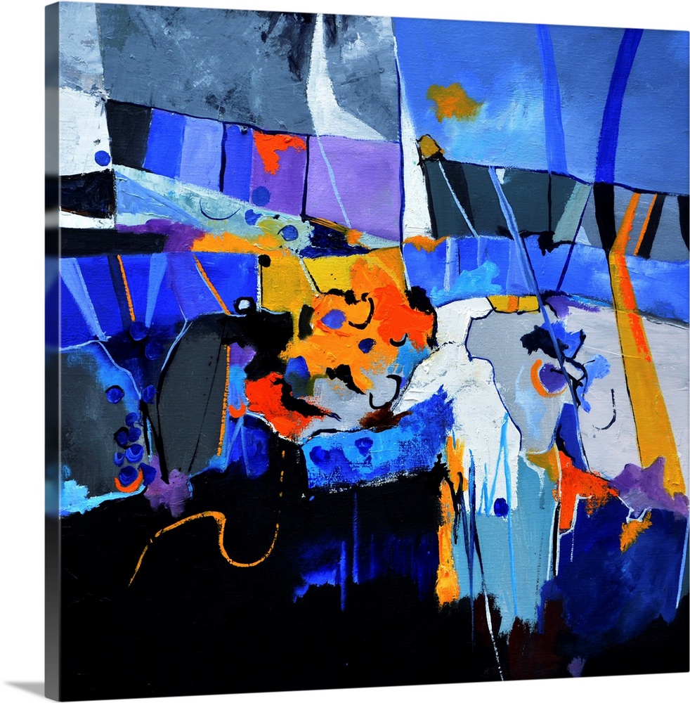 A square abstract painting in dark shades of black, blue, white and orange with splatters of paint overlapping.