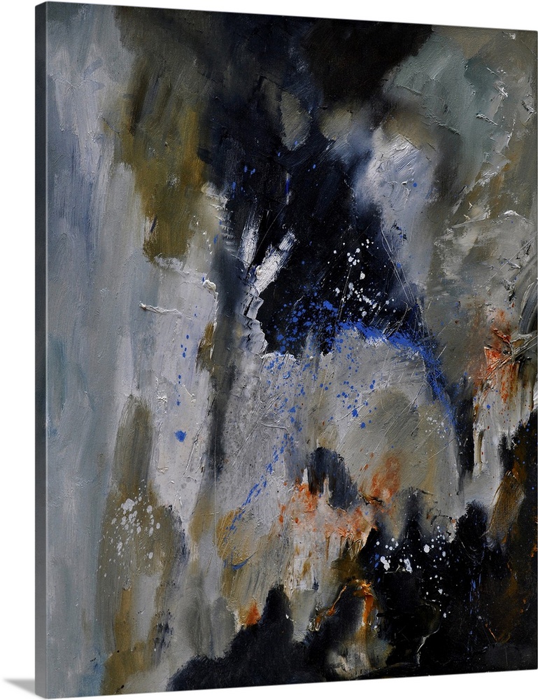 Abstract painting of colors of gray, brown and blue with hints of orange in textured brush strokes and splattered paint.