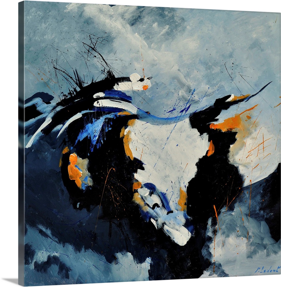 A square abstract painting with muted textured colors of blue and white with orange accents.
