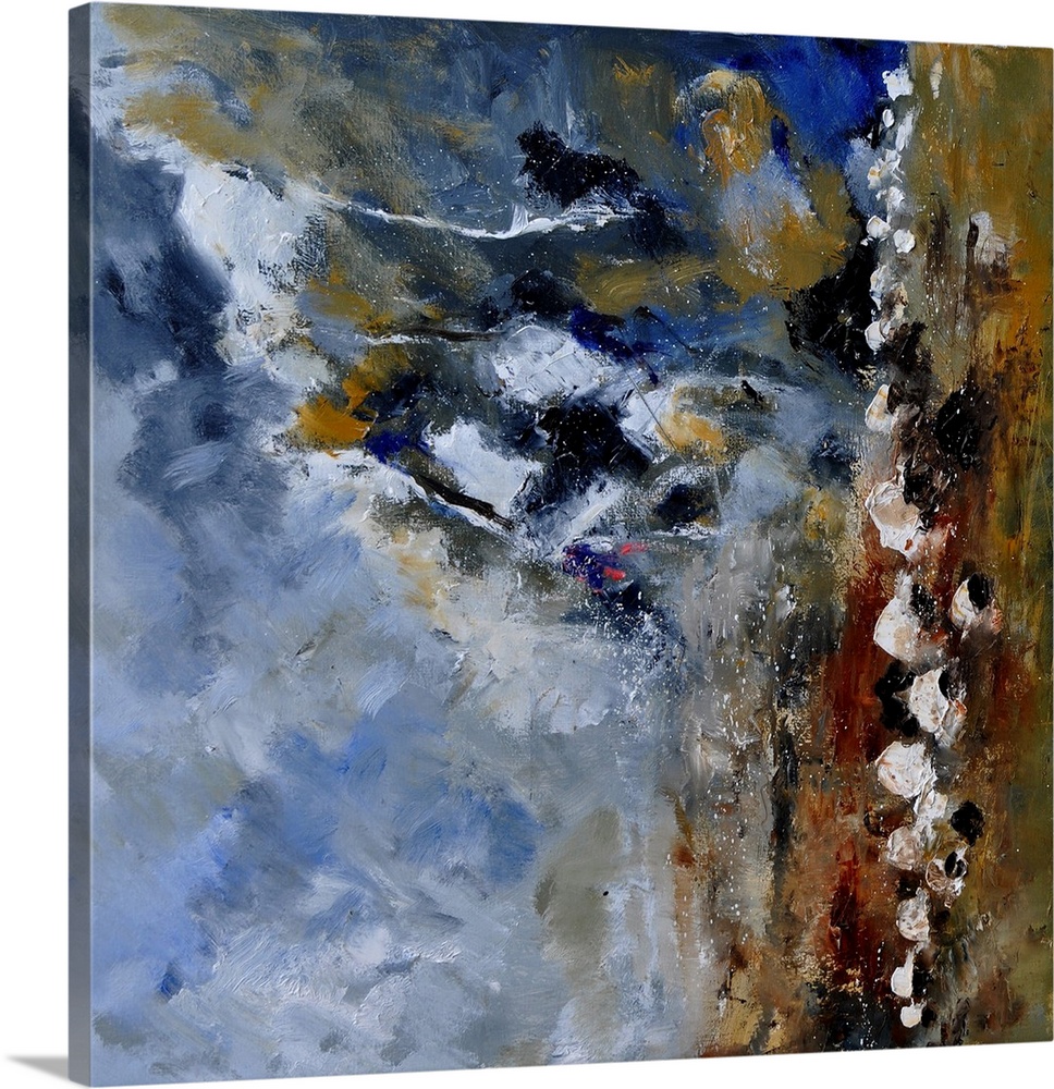 Square abstract painting with muted hues in shades of brown, blue, gray and white mixed in with black contrasting designs.