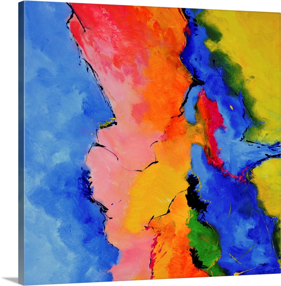 A square abstract painting with vibrant colors of blue, green, red and yellow.