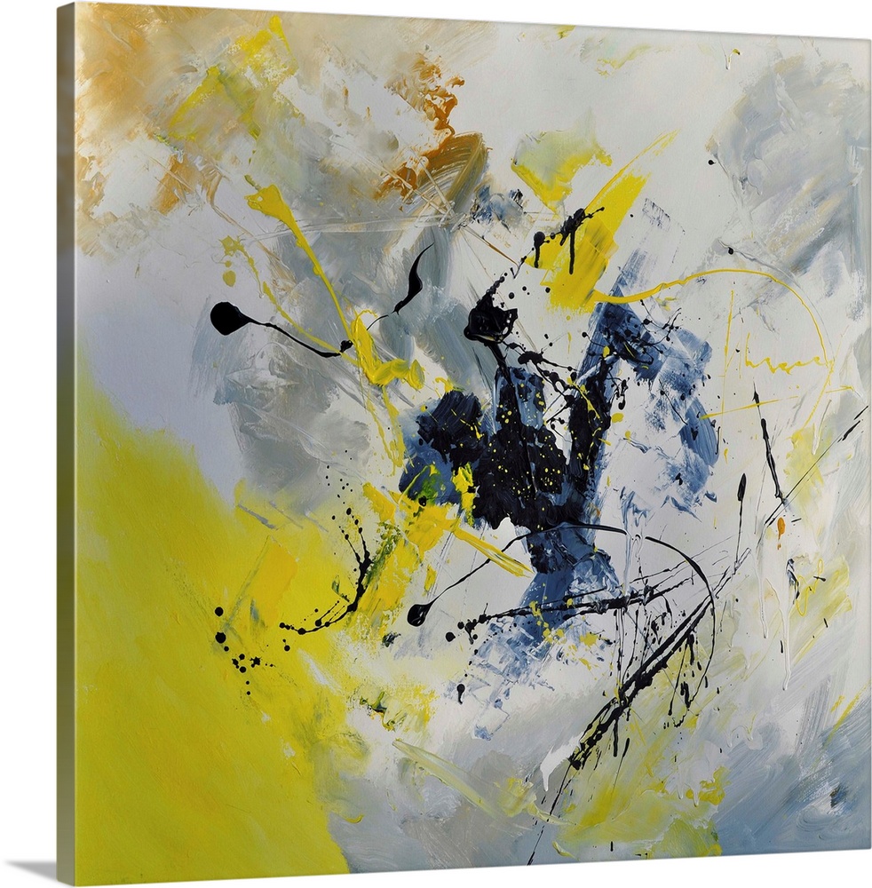 Abstract painting in shades of yellow, blue, gray and white mixed in with black contrasting designs.