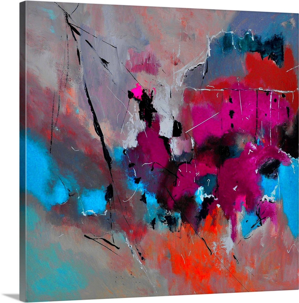 Abstract painting with vibrant hues in shades of orange, blue, pink, red and gray mixed in with black contrasting designs.