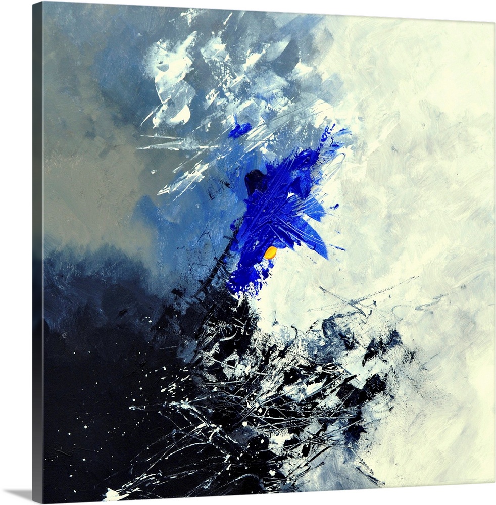 A square abstract painting of colors of black, beige and blue in bold brush strokes and splattered paint.