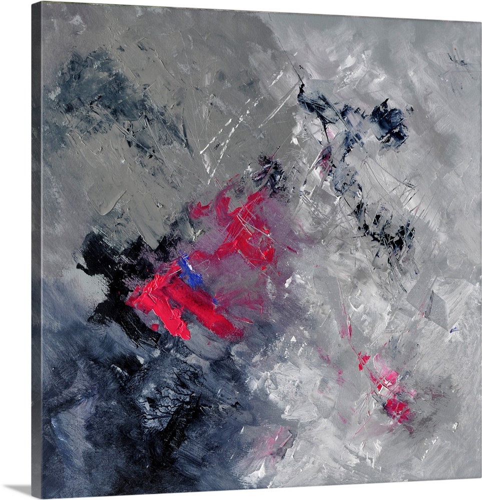 A square abstract painting with textured shades of gray with red accents.