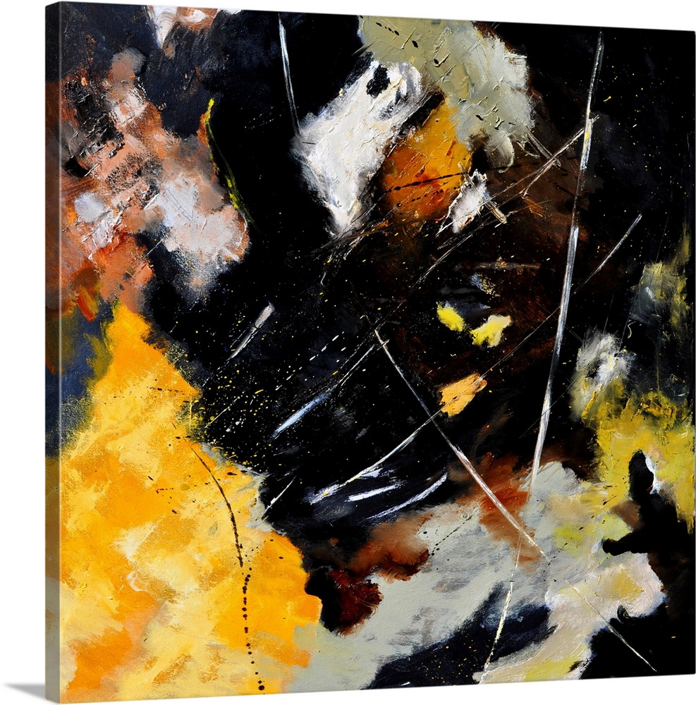 Square abstract painting in shades of brown, yellow and white mixed in with black contrasting designs.