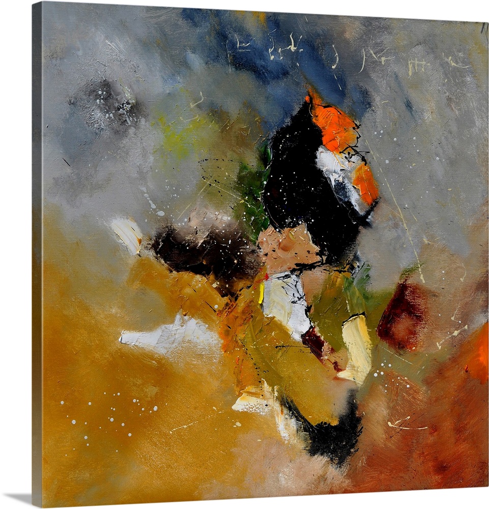 Abstract painting in shades of orange, yellow, gray and white mixed in with black contrasting designs.