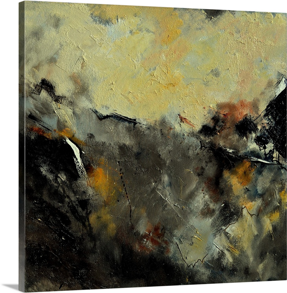 A square abstract painting in dark shades of black, brown, white and yellow with splatters of paint overlapping.
