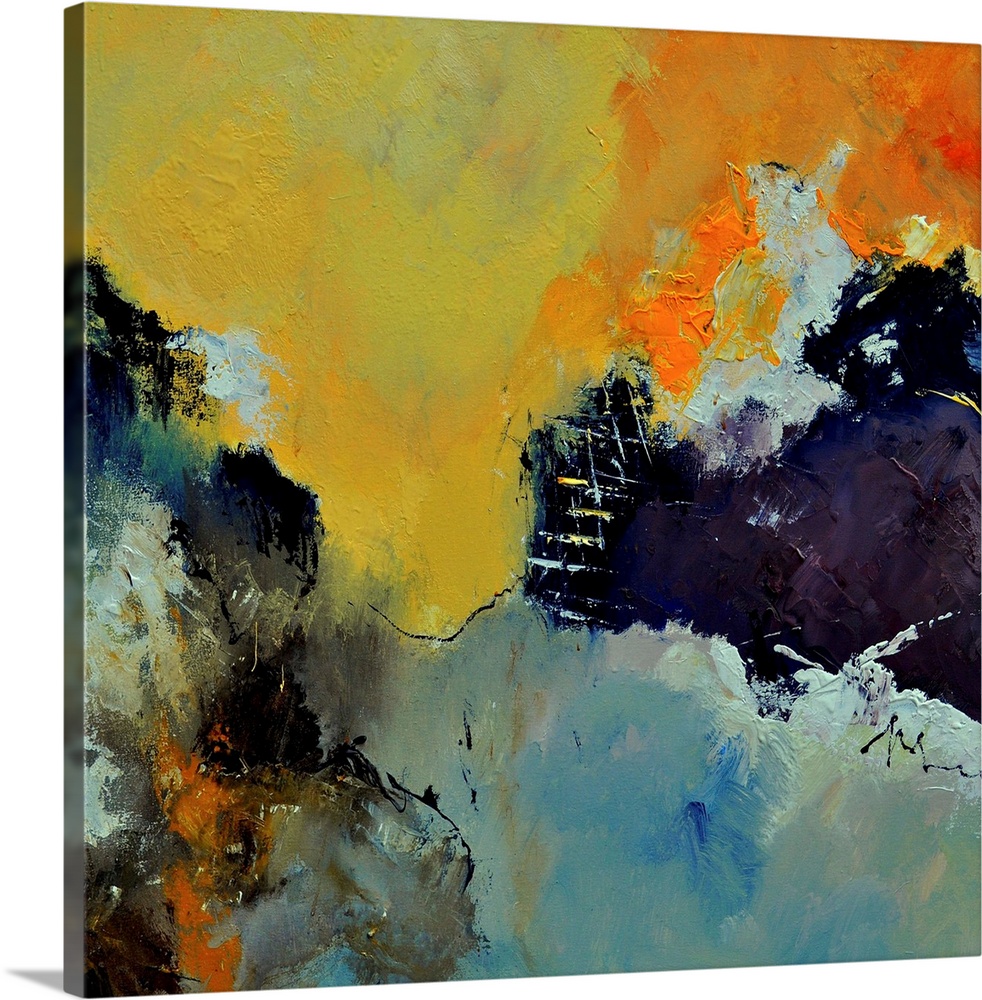 Abstract painting in shades of yellow, blue, gray and orange mixed in with black contrasting designs.