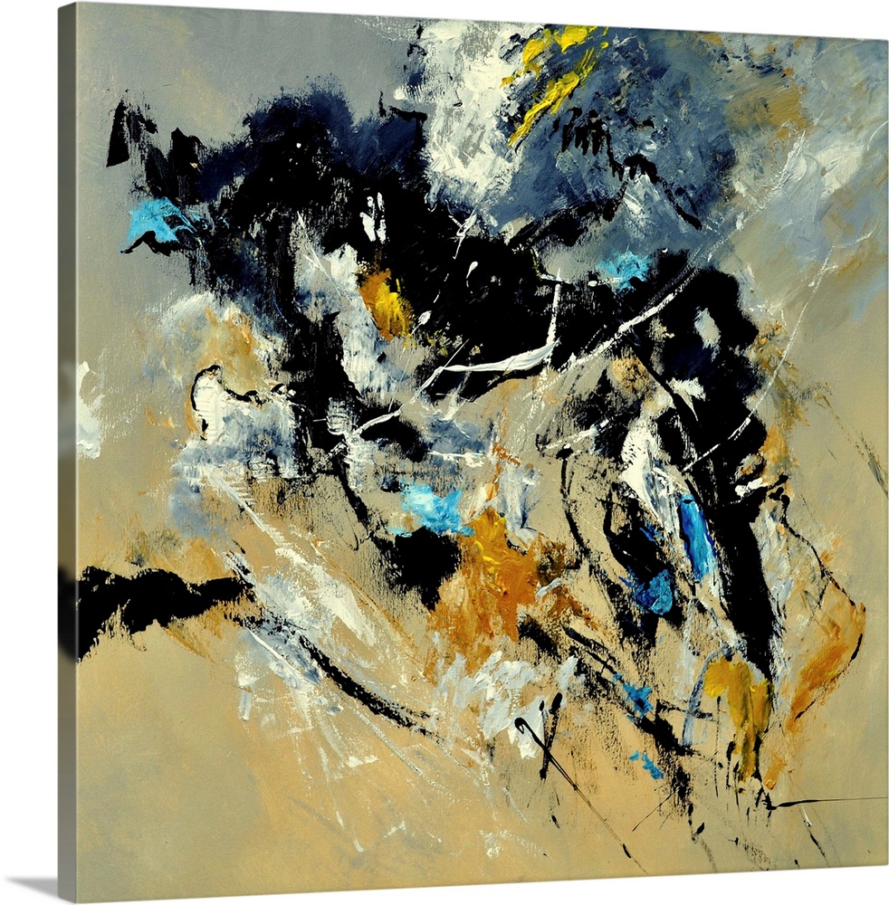 A square abstract painting in dark shades of black, blue, white and yellow with splatters of paint overlapping.