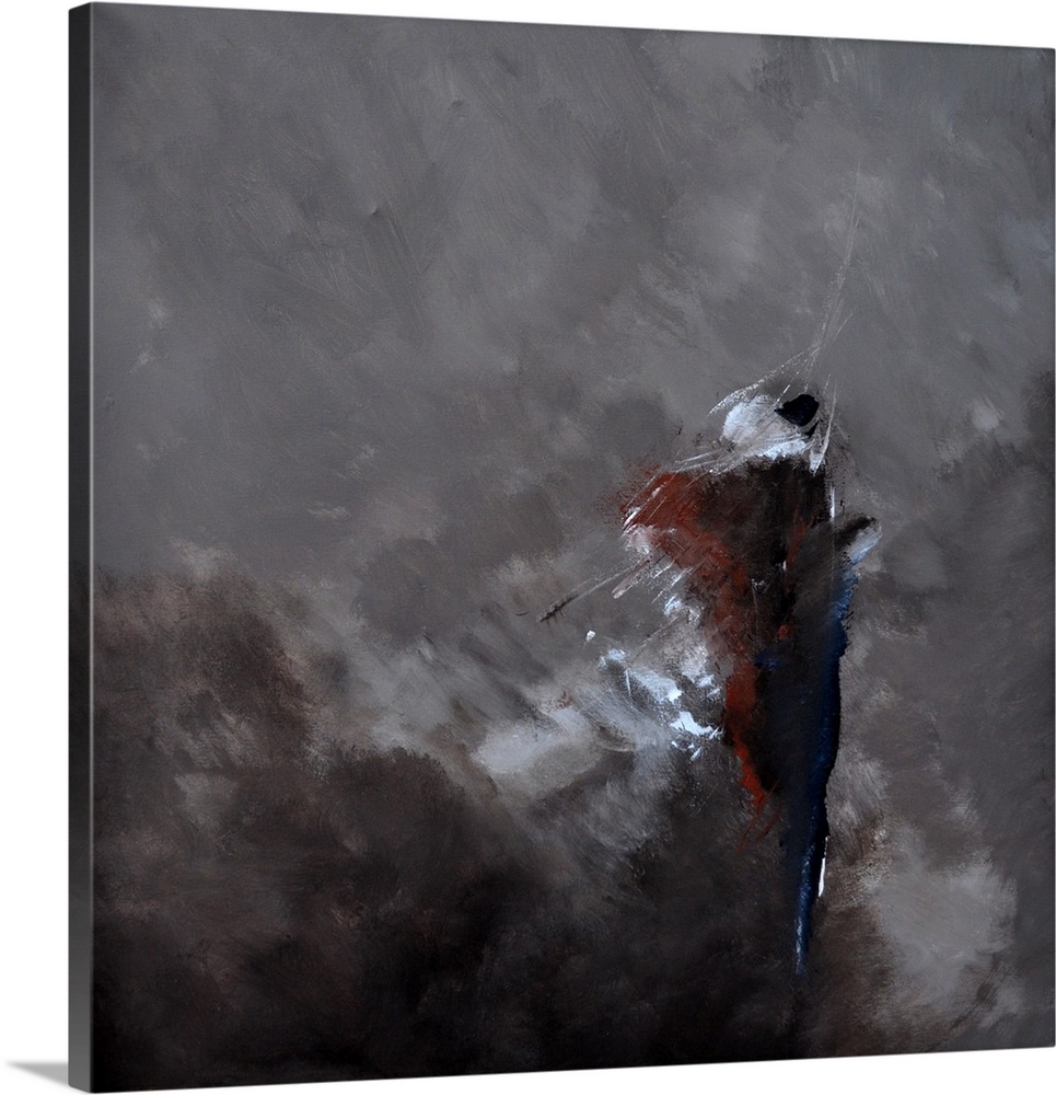A square abstract painting in dark colors of black, red and gray with accents of white.