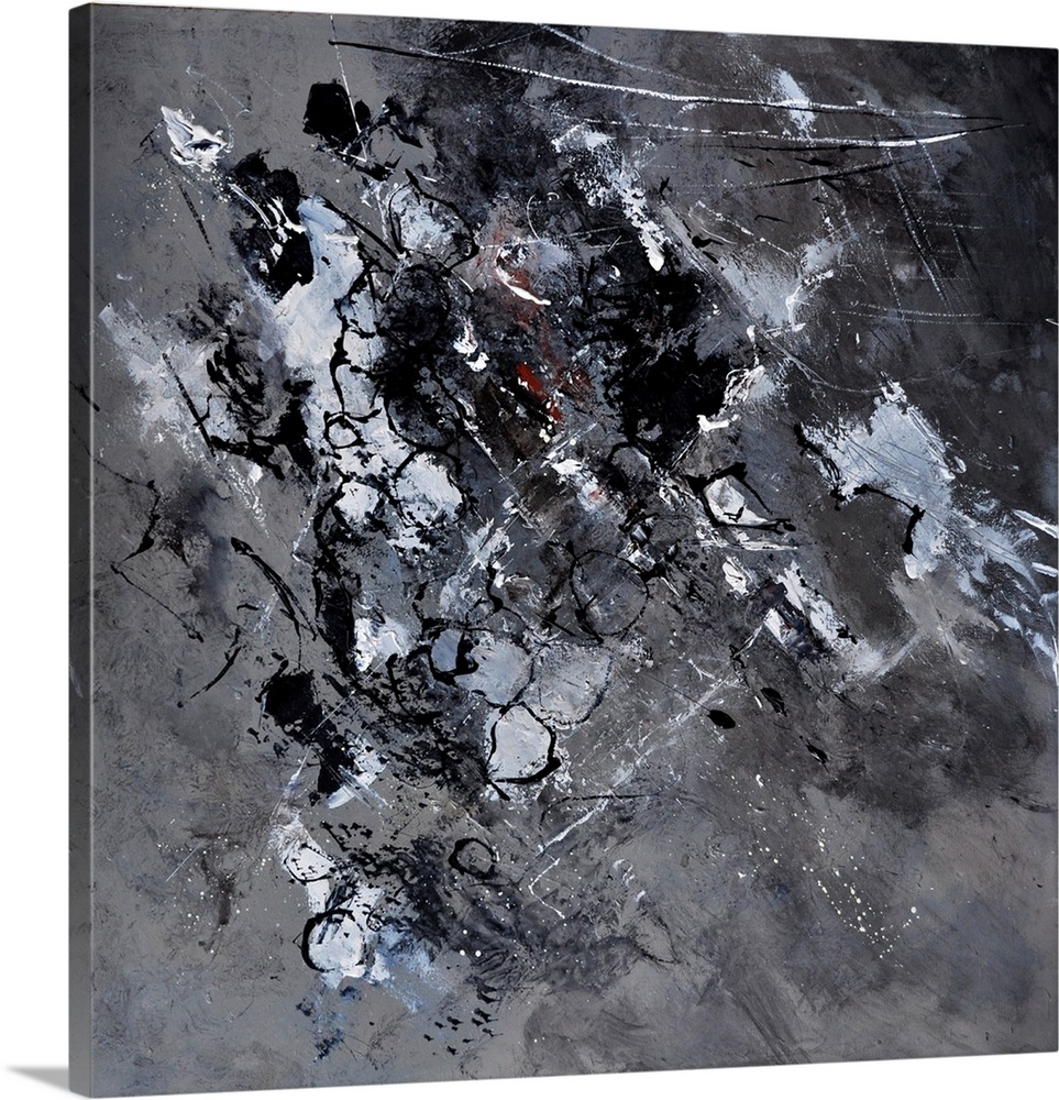 A square abstract painting in dark colors of white, gray and black with splatters of paint overlapping.