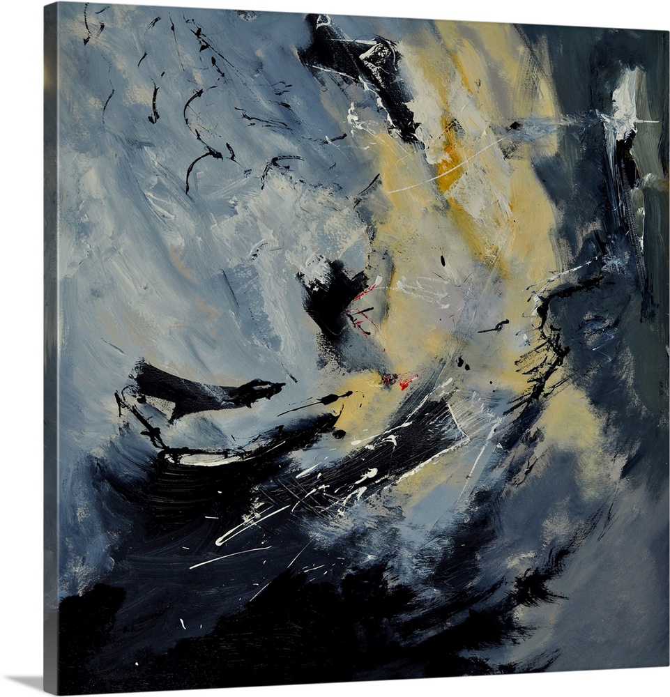 A square abstract painting in dark colors of black, gray and cream with splatters of paint overlapping.
